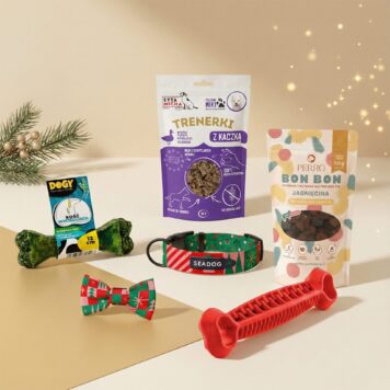 Duży box świąteczny dla psa zestaw prezentowy z obrożą i smaczkami wzór It's Tiiime.
