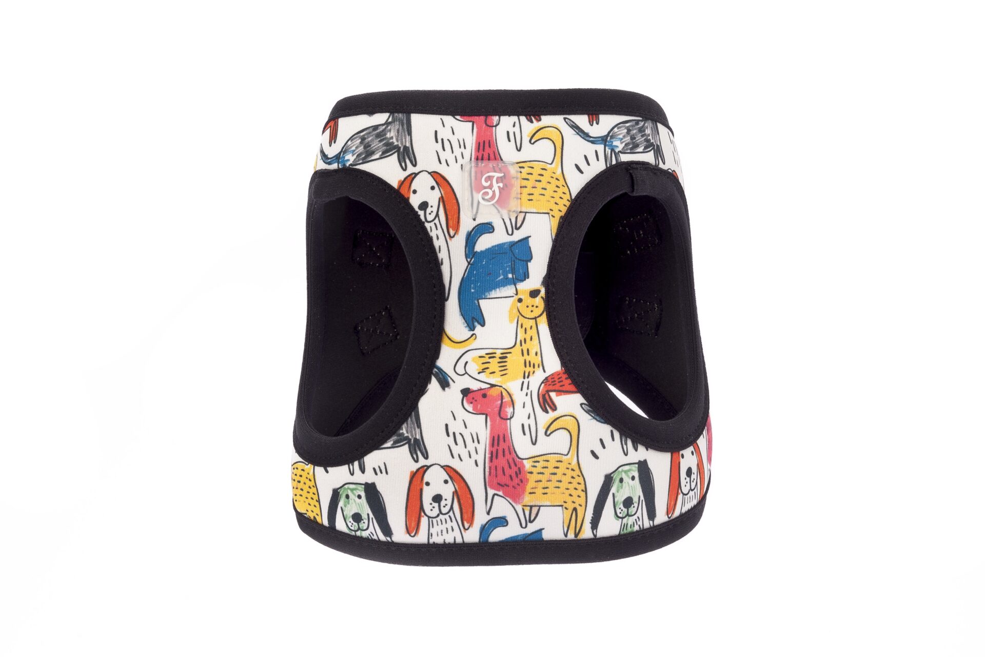 Szelki dla mikropsa Ferribiella Chien Naifs - białe szelki w kolorowe psy z czarną lamówką