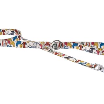 Smycz dla psa Ferribiella Chien Naifs - biała taśma w kolorowe rysunkowe psy 150cm