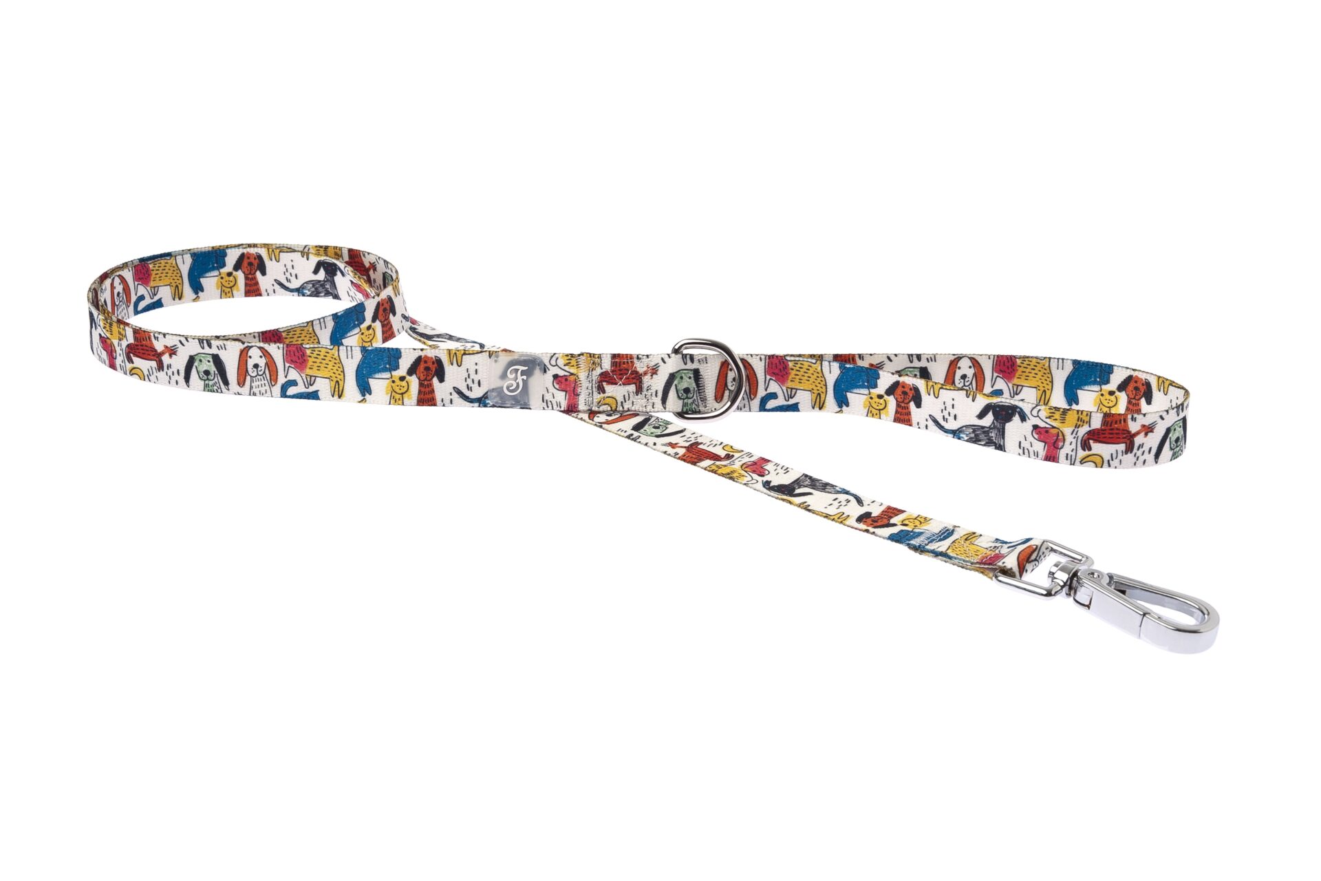 Smycz dla psa Ferribiella Chien Naifs - biała taśma w kolorowe rysunkowe psy 150cm