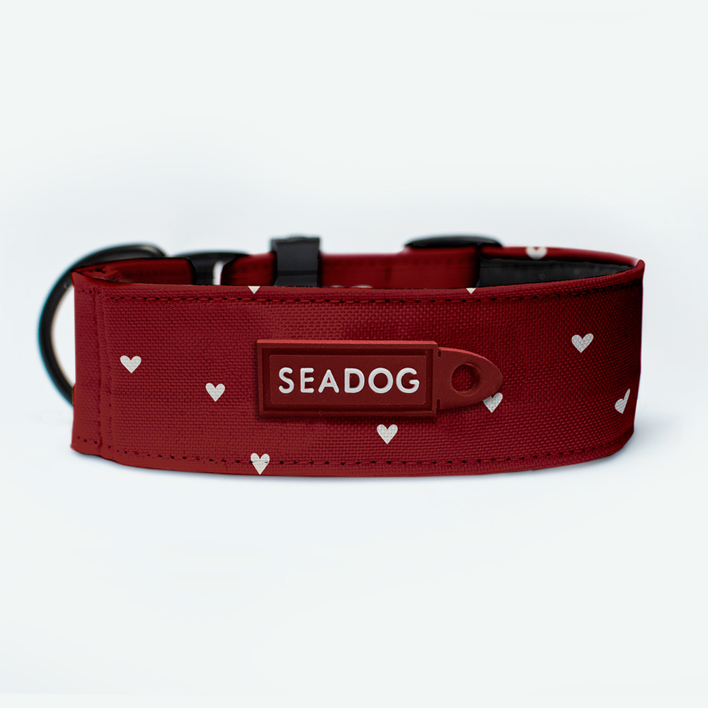 Bordowa szeroka obroża dla charta w beżowe serca SEADOG - szerokość 4 cm