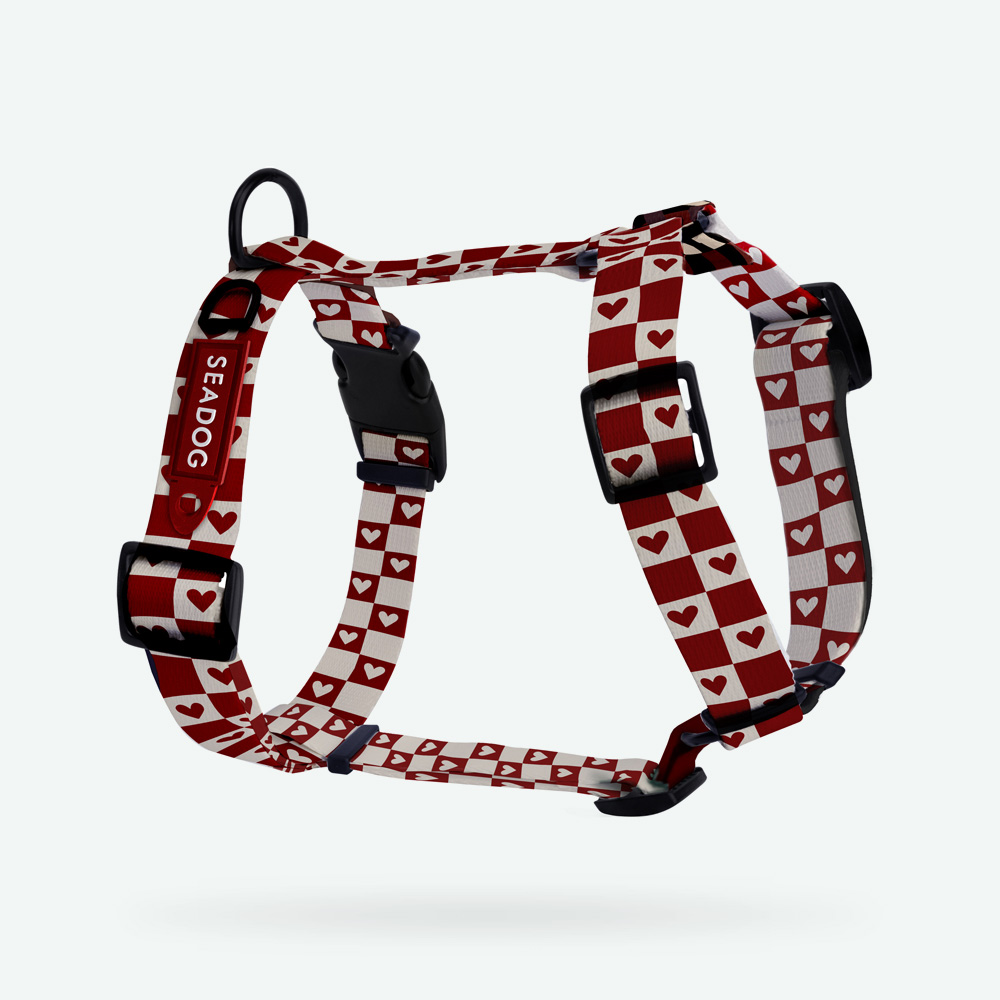 Bordowe szelki guard dla psa w beżową szachownicę SEADOG - wzór w serca