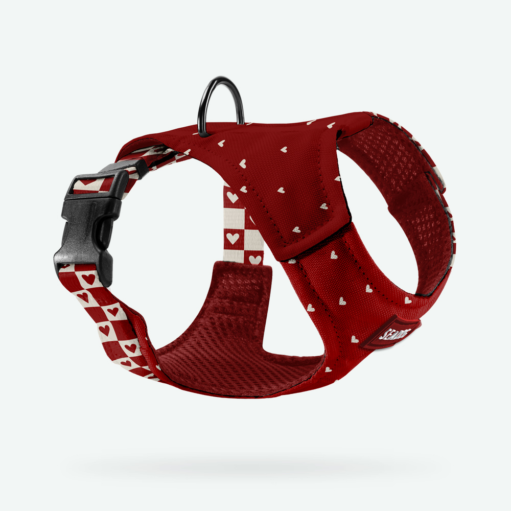 Bordowe szelki bezuciskowe dla szczeniaka w beżowe serca SEADOG - rozmiar XXS i XS
