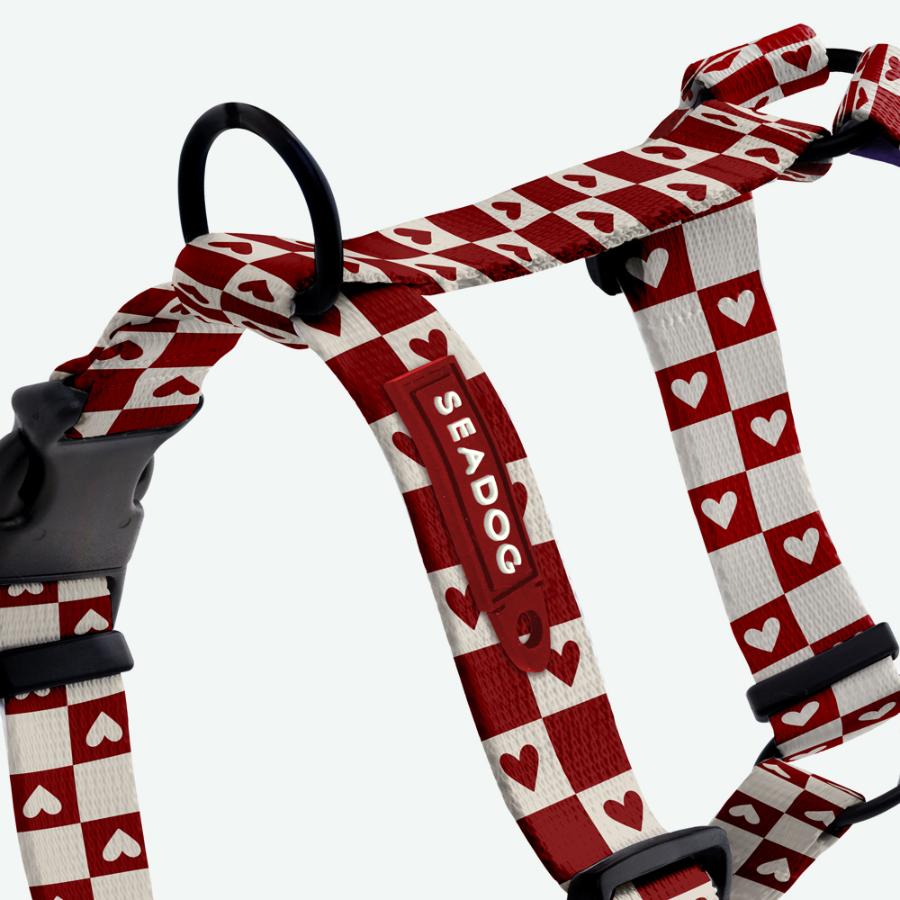 Bordowe szelki guard dla psa w beżową szachownicę SEADOG - wzór w serca