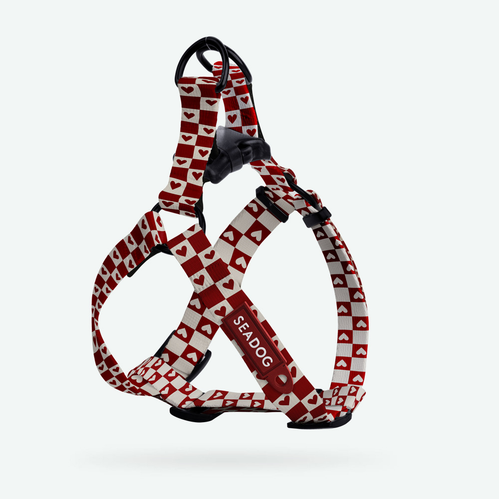 Bordowe szelki walk-in dla psa w beżową szachownicę SEADOG - typ step-in