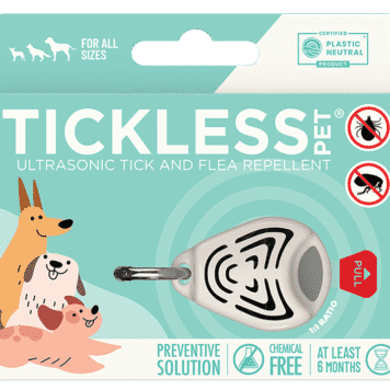 Beżowe urządzenie Tickless Pet na jasnej obroży