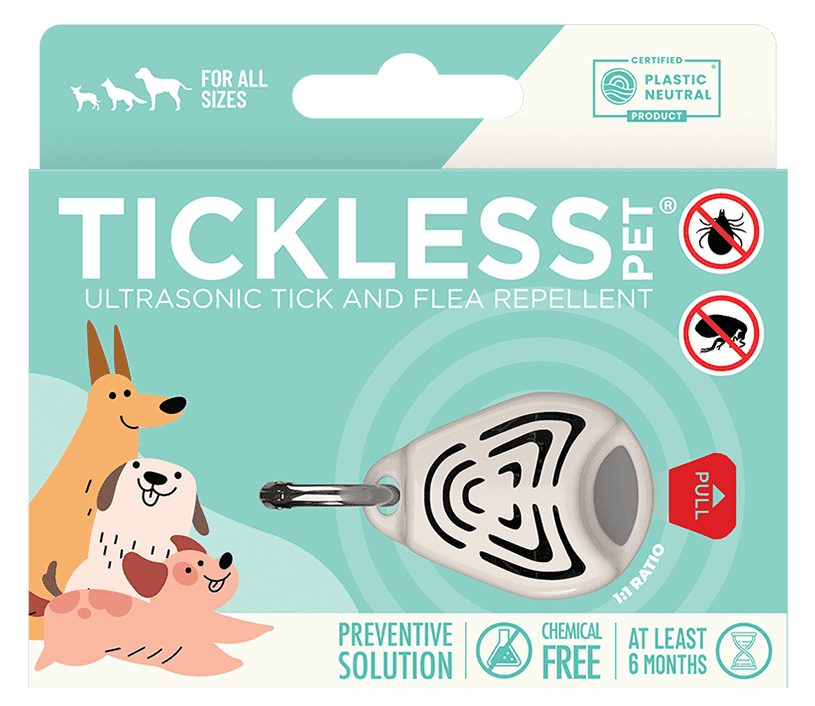 Beżowe urządzenie Tickless Pet na jasnej obroży