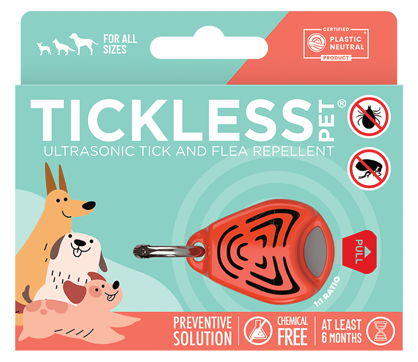 Pomarańczowe urządzenie Tickless Pet na obroży