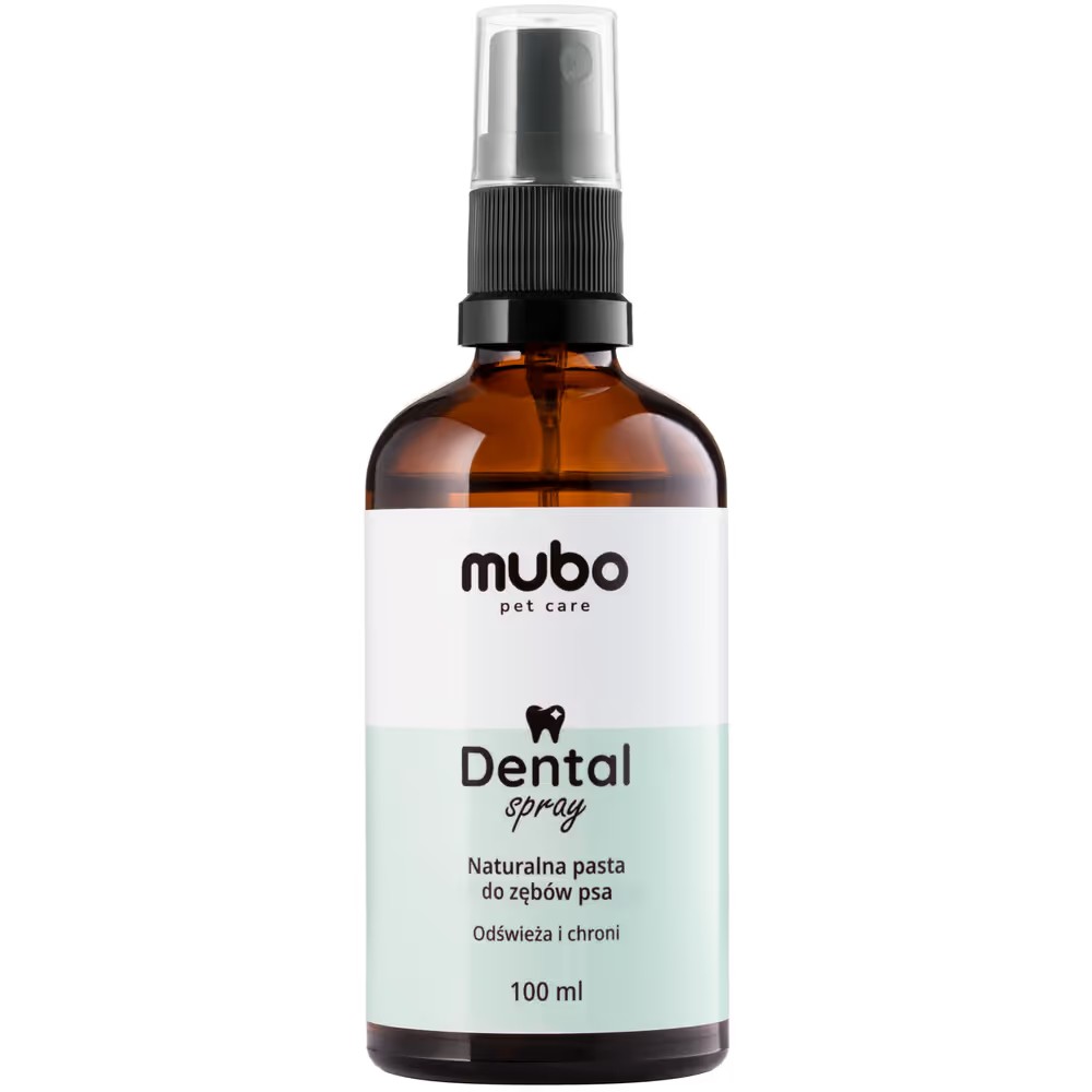 Mubo Dental Spray 100ml – naturalna pasta enzymatyczna w sprayu dla psa i kota, butelka ciemne szkło