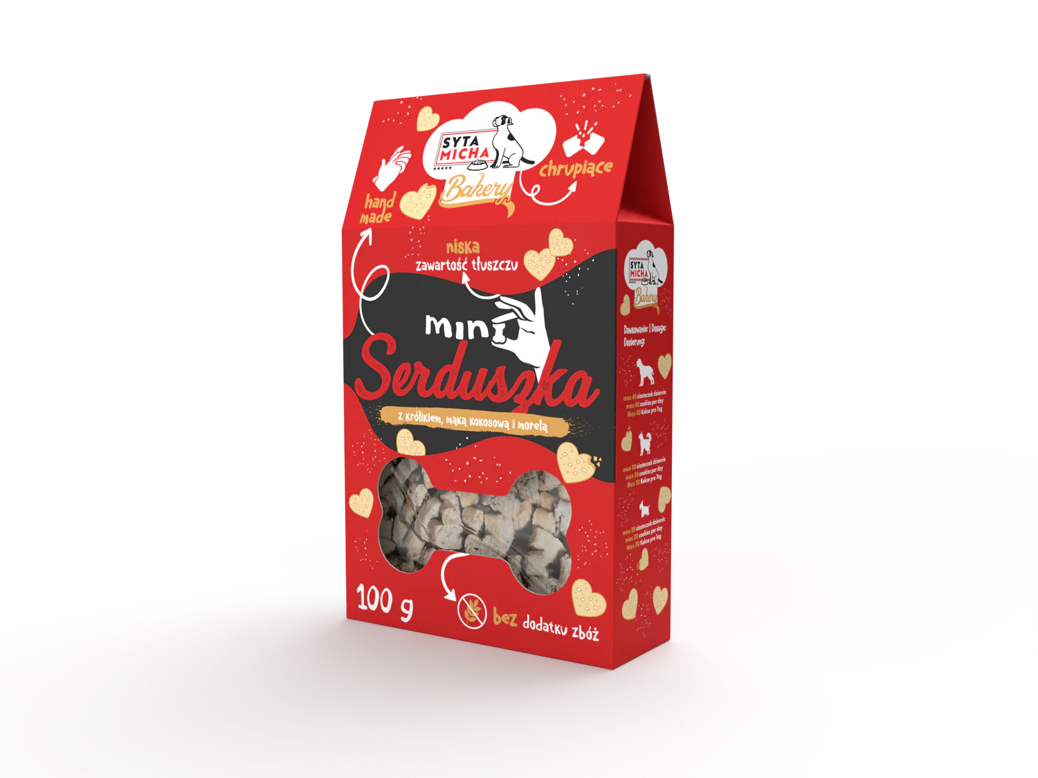 Syta Micha Mini Serduszka – bezglutenowe ciastka dla psa z królikiem, kokosem i morelą 100g
