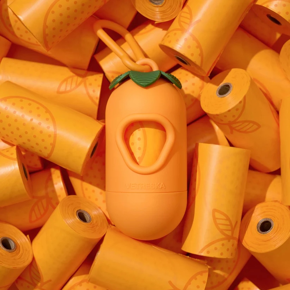VETRESKA Tangerine etui na kupoworki w kształcie mandarynki z 7 rolkami woreczków - pomarańcz i zieleń