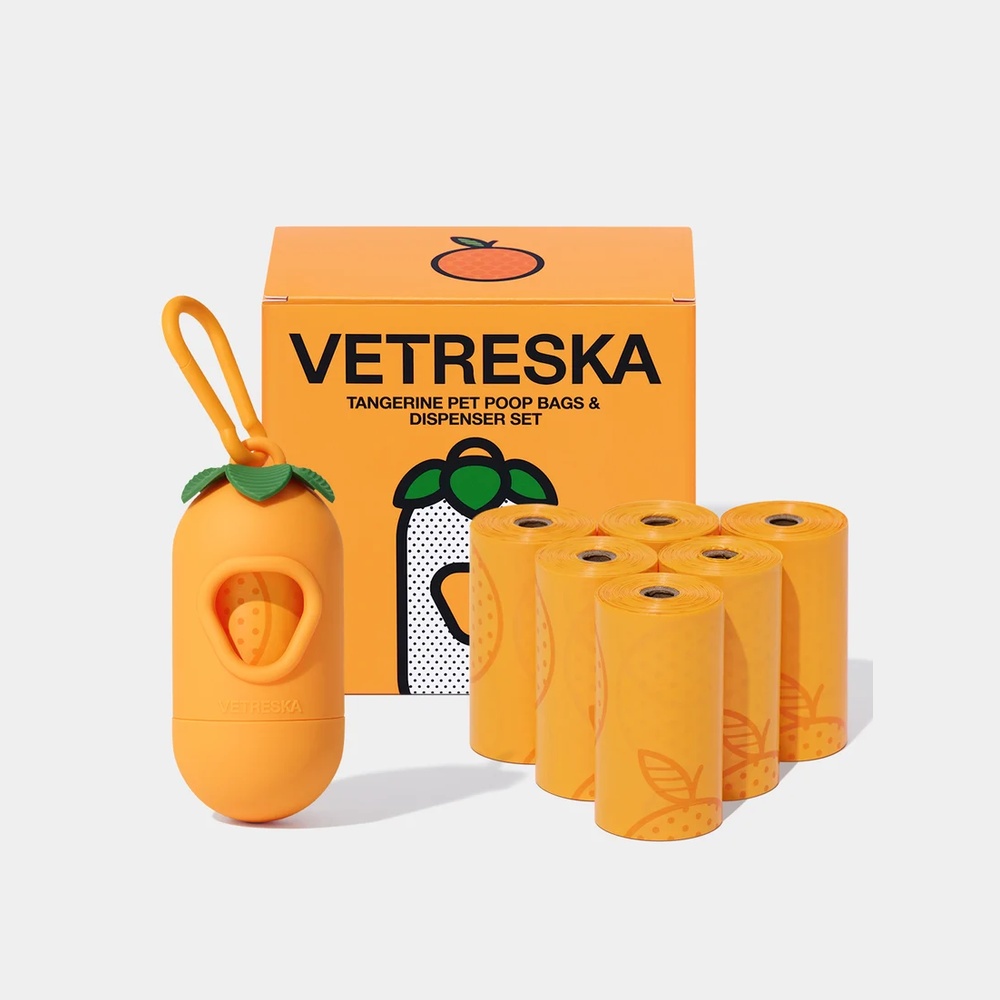 VETRESKA Tangerine etui na kupoworki w kształcie mandarynki z 7 rolkami woreczków - pomarańcz i zieleń