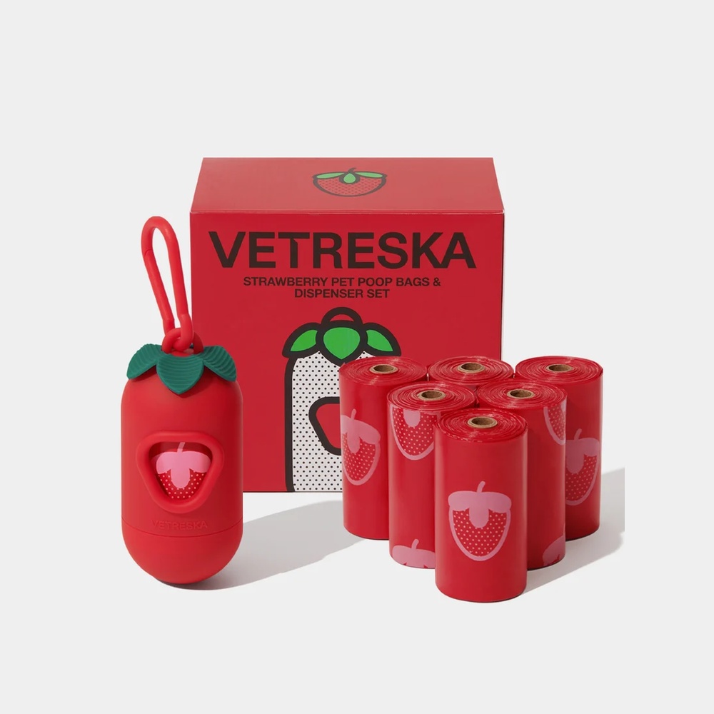 VETRESKA Strawberry etui na kupoworki w kształcie truskawki z 7 rolkami woreczków - czerwień i zieleń